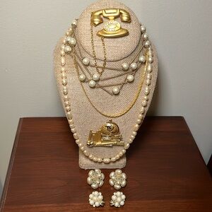 Vintage Signed Brooches, Faux Pearl Gold Necklaces, and Clip-on Earrings
